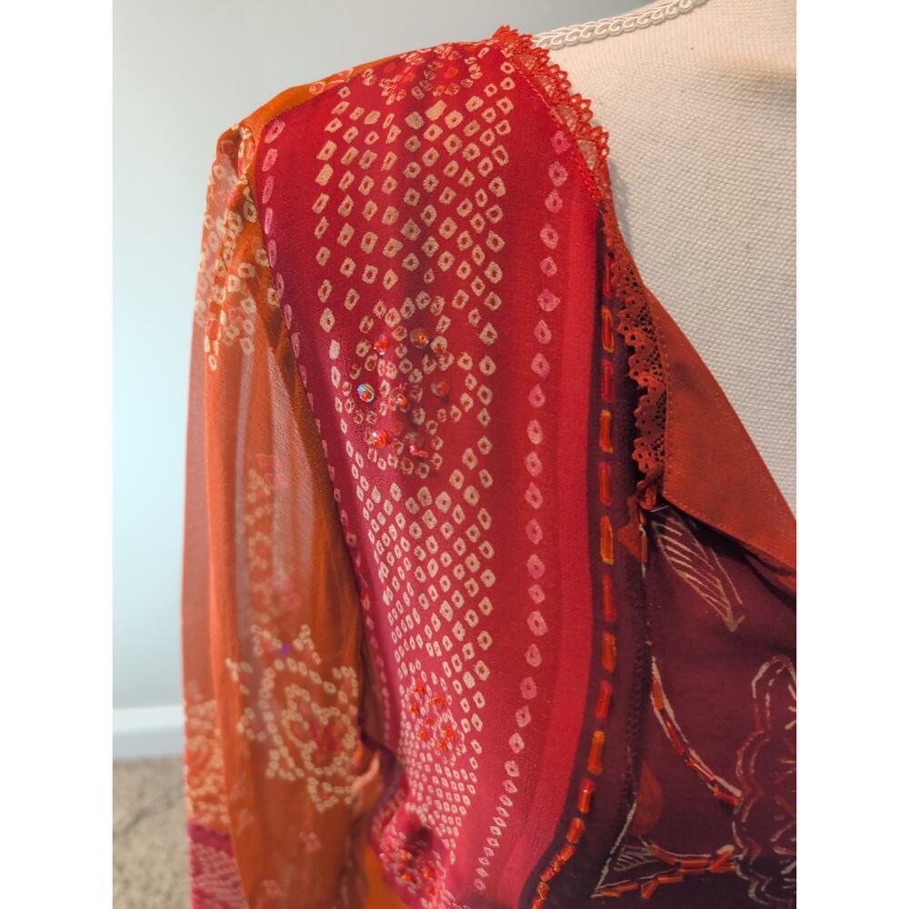 NYC Design Co. Sheer Embellished Tunic Top L Silk Blend Maroon Long Sleeve China - Picture 5 of 9